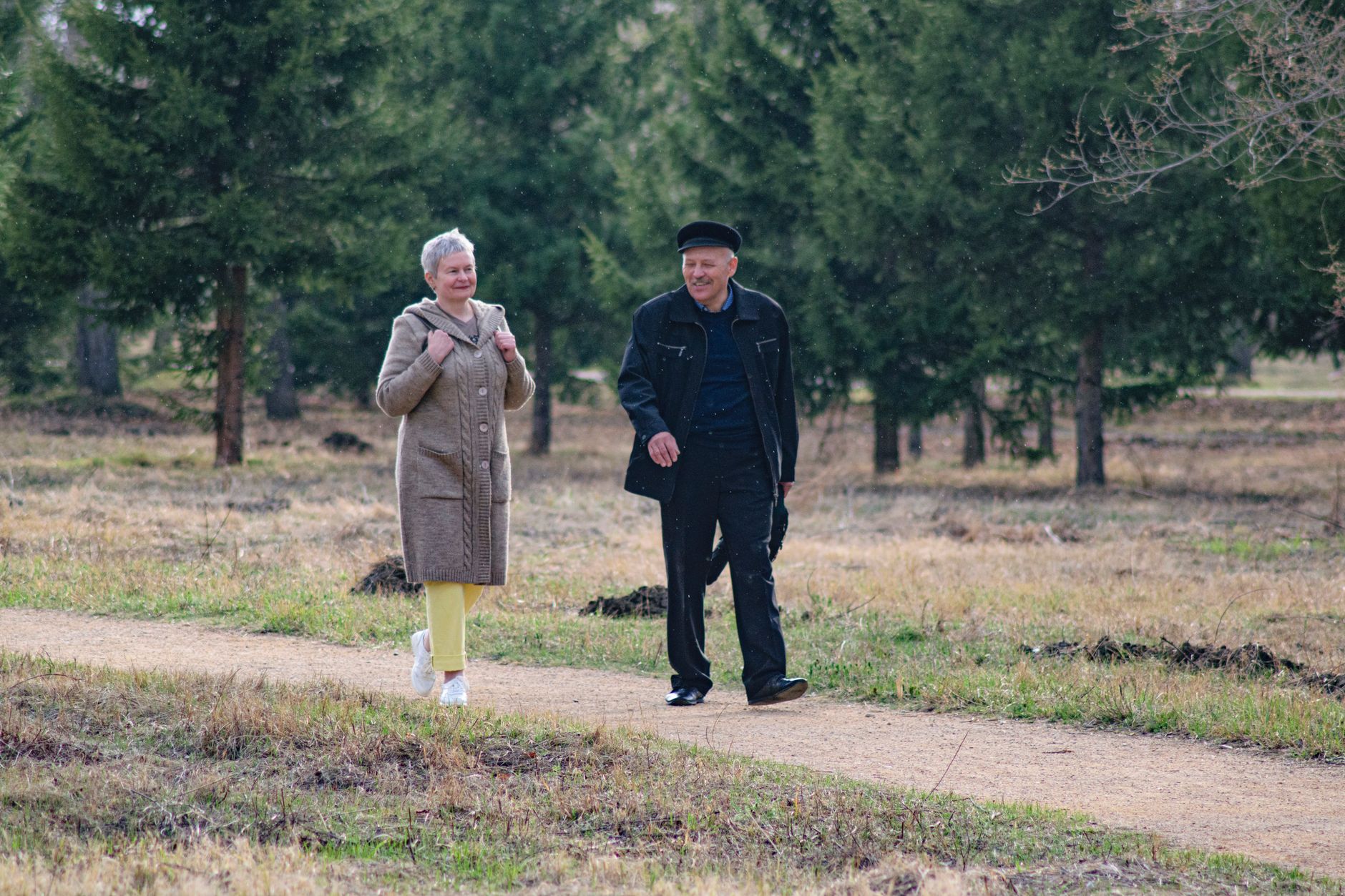 Senior couple enjoying a safe morning walk in a park after cardiac evaluation