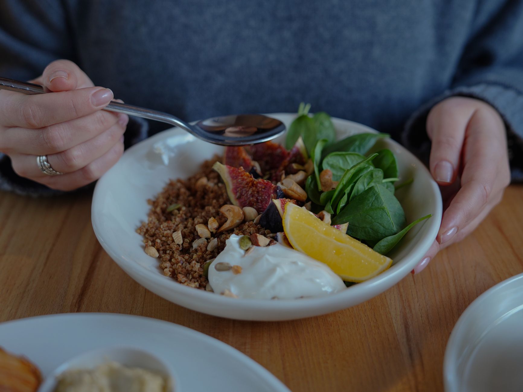 A balanced plate of fruits, vegetables, and nuts that supports both heart and mental health