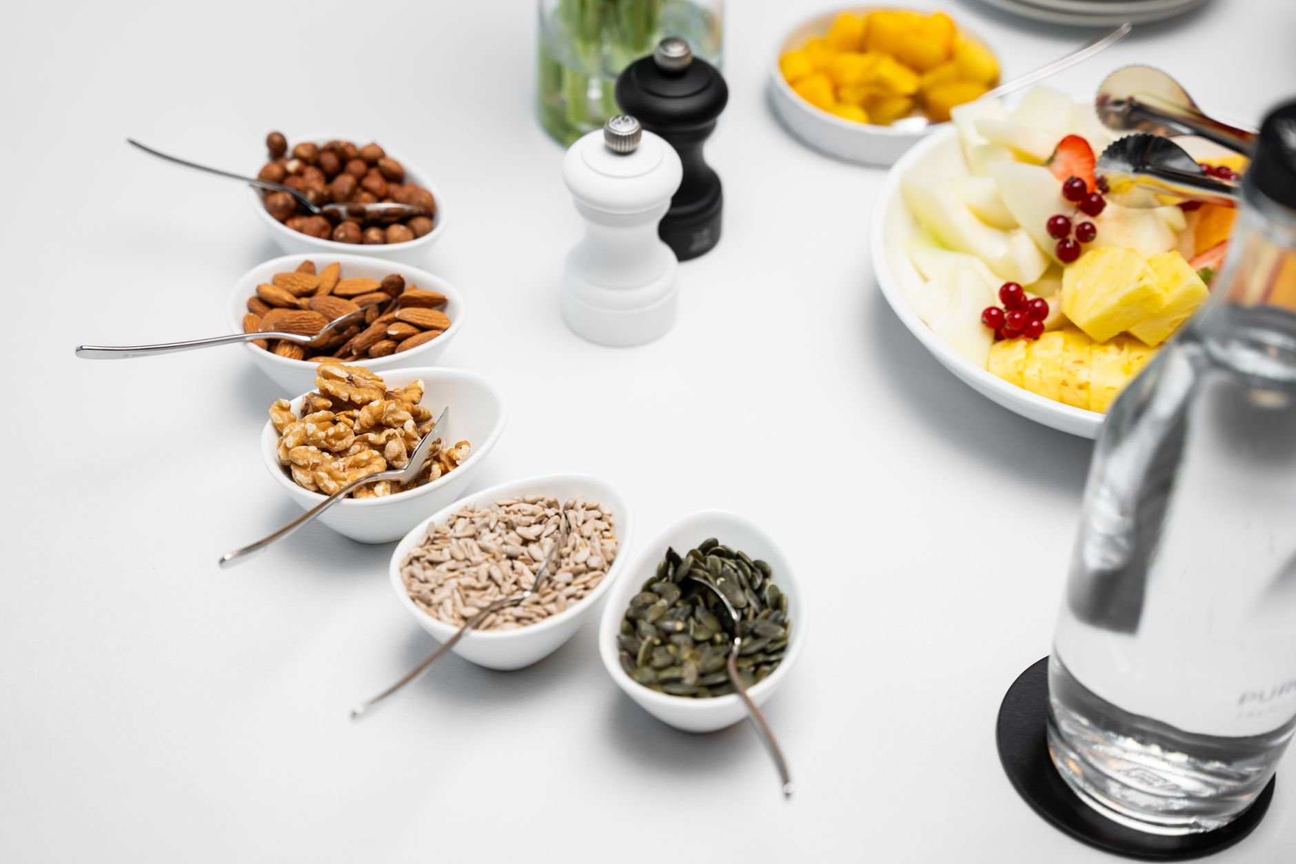 Nutritious fasting foods including fruits, nuts, and water for heart health