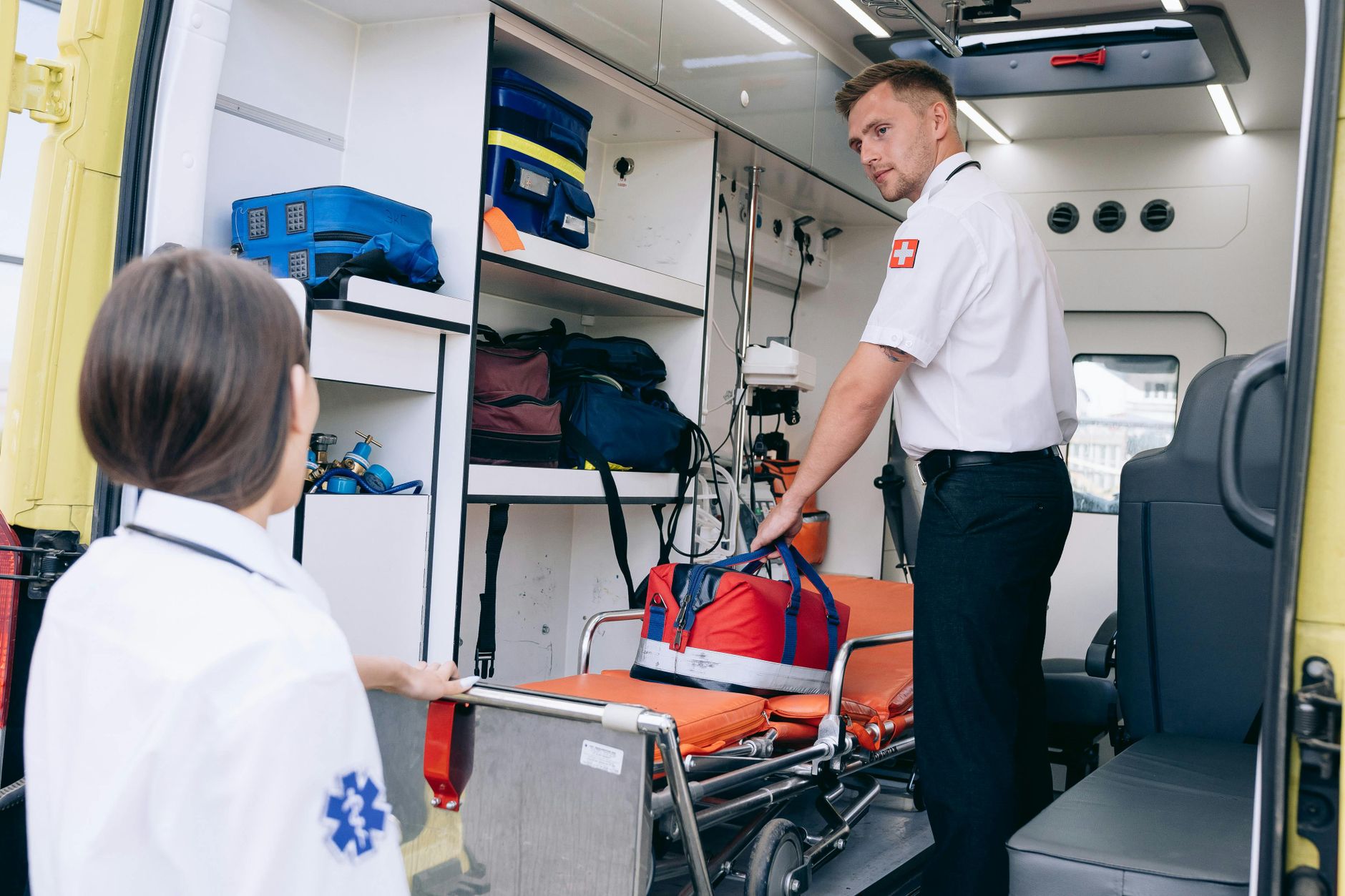 Paramedic and emergency response team arriving quickly at the scene of a medical emergency