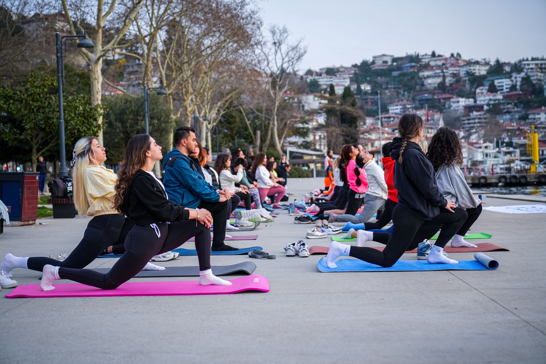 A community group doing a yoga session together in a park in the morning