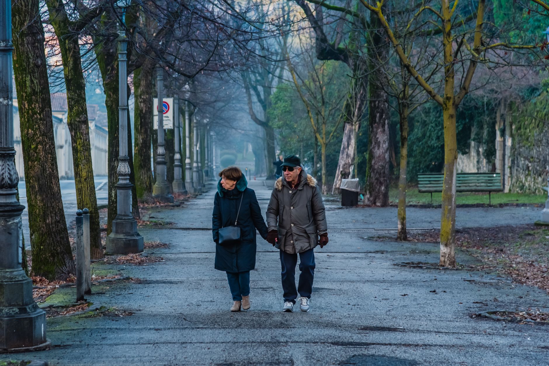 An elderly couple walking in a park, illustrating an active and heart-healthy lifestyle
